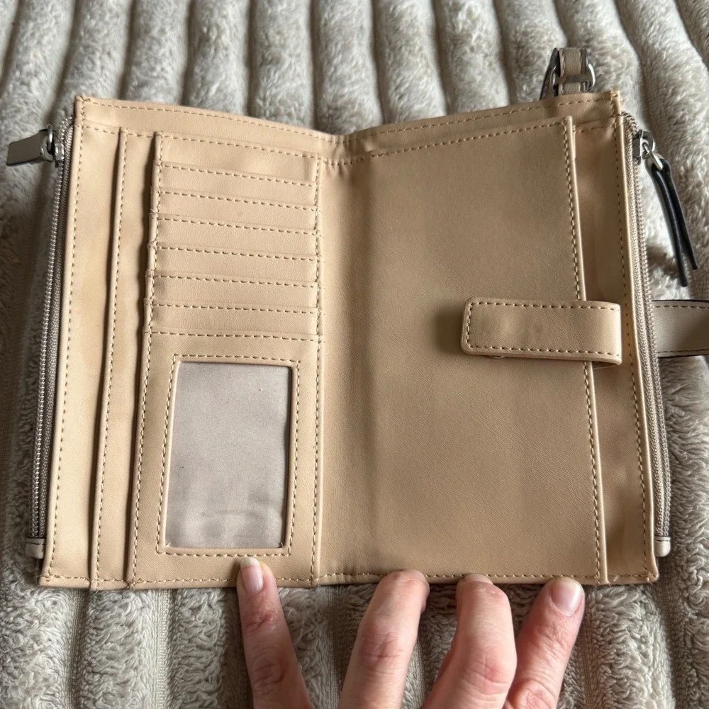 Nine‎ West Beige Embossed Logo Wristlet Wallet Triple Compartment Clutch